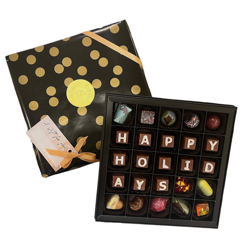 “Happy Holidays” Chocolate Box - Cocoa40 Inc. - Extraordinary Gourmet Chocolate Gifts in Toronto! Our chocolates, confections and gelato are made by hand in Newmarket, Ontario. Shop small and support local.