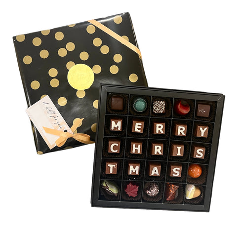 “Merry Christmas” Chocolate Box - Cocoa40 Inc. - Extraordinary Gourmet Chocolate Gifts in Toronto! Our chocolates, confections and gelato are made by hand in Newmarket, Ontario. Shop small and support local.