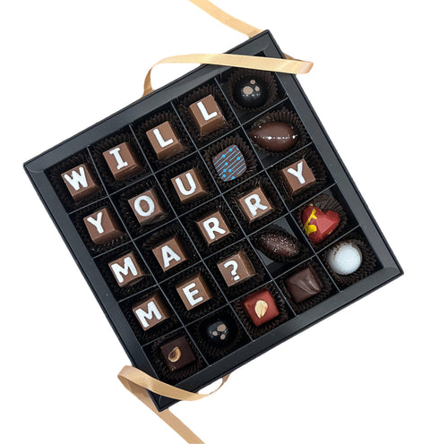 “Will You Marry Me?” Proposal Chocolate Letter Box - Made to Order - Cocoa40 Inc. - Extraordinary Gourmet Chocolate Gifts in Toronto! Our chocolates, confections and gelato are made by hand in Newmarket, Ontario. Shop small and support local.