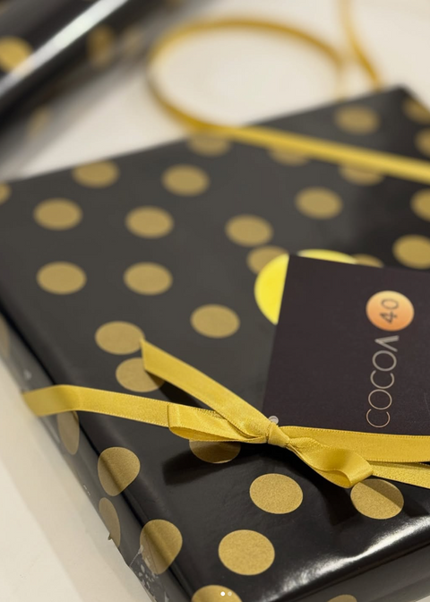 Cocoa40 luxury  coporate chocolate gift boxes with gold ribbon and black packaging, handcrafted in Newmarket Ontario