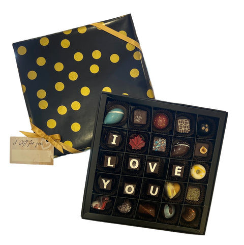 “I Love You” Chocolate Letter Box - Cocoa40 Inc. - Extraordinary Gourmet Chocolate Gifts in Toronto! Our chocolates, confections and gelato are made by hand in Newmarket, Ontario. Shop small and support local.
