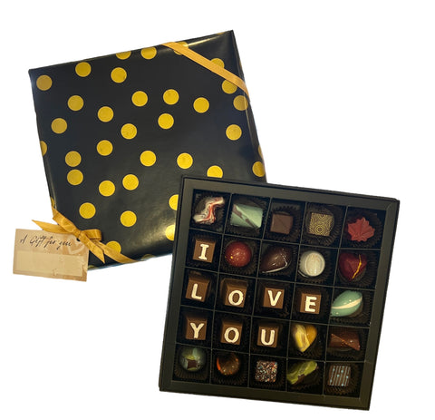 “I Love You” Chocolate Letter Box - Cocoa40 Inc. - Extraordinary Gourmet Chocolate Gifts in Toronto! Our chocolates, confections and gelato are made by hand in Newmarket, Ontario. Shop small and support local.