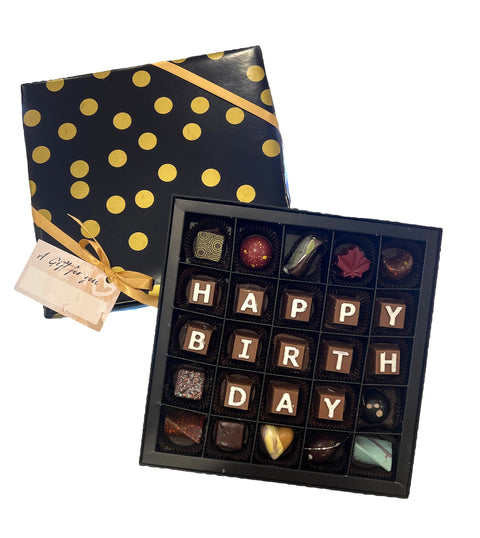“Happy Birthday” Chocolate Box - Cocoa40 Inc. - Extraordinary Gourmet Chocolate Gifts in Toronto! Our chocolates, confections and gelato are made by hand in Newmarket, Ontario. Shop small and support local.