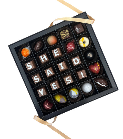 “She Said Yes!” Chocolate Letter Box - Made to Order - Cocoa40 Inc. - Extraordinary Gourmet Chocolate Gifts in Toronto! Our chocolates, confections and gelato are made by hand in Newmarket, Ontario. Shop small and support local.