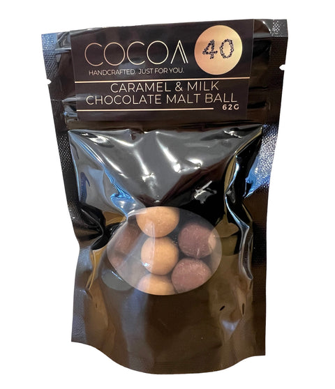Caramel & Milk Chocolate Covered Malt Balls - Cocoa40 Inc. - Extraordinary Gourmet Chocolate Gifts in Toronto! Our chocolates, confections and gelato are made by hand in Newmarket, Ontario. Shop small and support local.