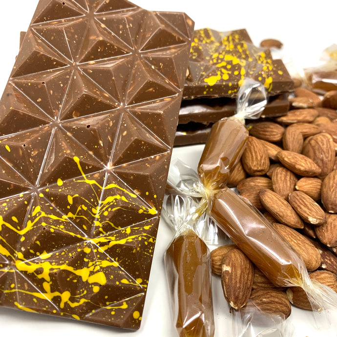 36% Caramélia Almond Bar - #Chocolate4Change - Cocoa40 Inc. - Best Gourmet Chocolate Gifts in Toronto! Our chocolates and confections are made by hand in Richmond Hill, Canada. Shop small and support local.