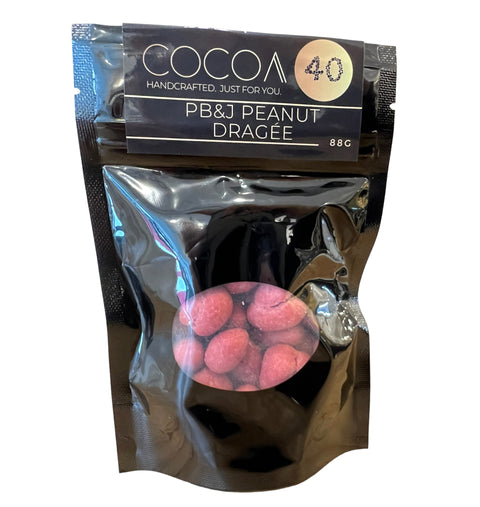 PB&J Dragée (Vegan/Dairy-Free) - Strawberry Chocolate Covered Peanuts - Cocoa40 Inc. - Extraordinary Gourmet Chocolate Gifts in Toronto! Our chocolates, confections and gelato are made by hand in Newmarket, Ontario. Shop small and support local.