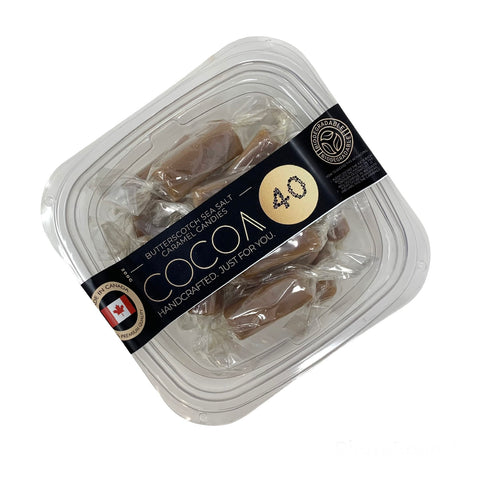 Butterscotch Sea Salt Caramel Candies - Cocoa40 Inc. - Extraordinary Gourmet Chocolate Gifts in Toronto! Our chocolates, confections and gelato are made by hand in Newmarket, Ontario. Shop small and support local.